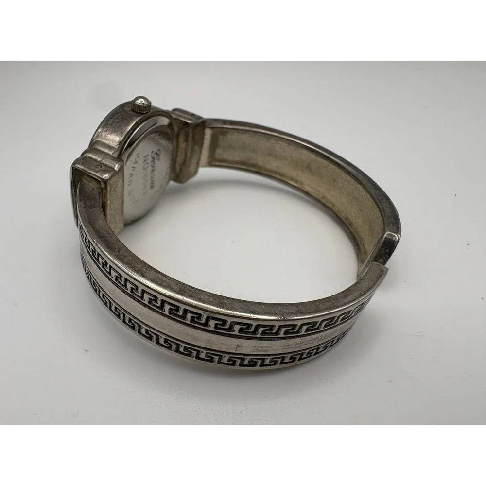 Geneva Cuff Bangle Watch No 6053 Silver Tone Greek Key Japan Movt